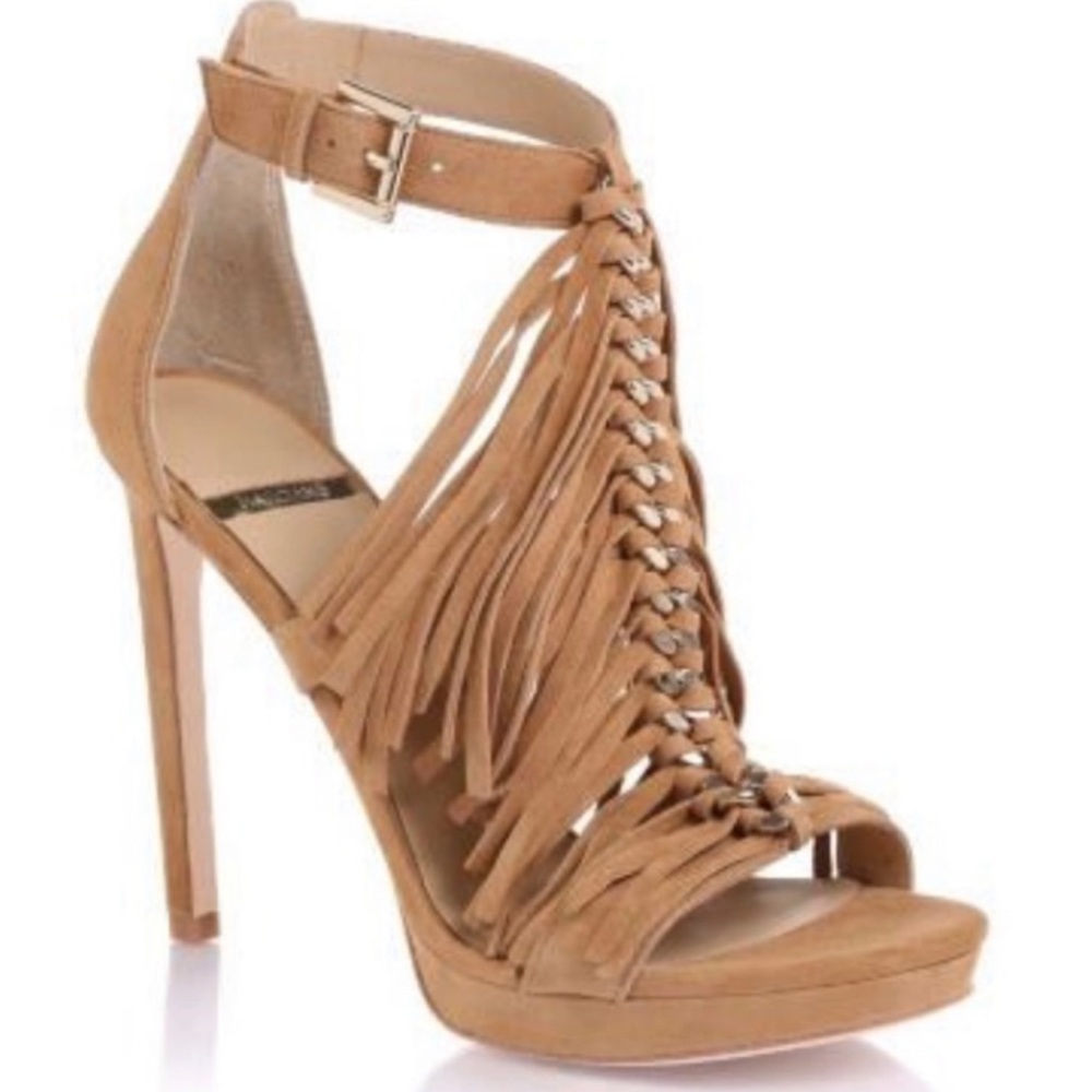 Marciano Cassie Suede Tan Fringe Heels with Stiletto